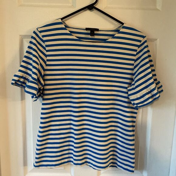 J. Crew Women’s Medium Blouse Top Short Sleeve Ruffled Striped Round Neck - Picture 1 of 10